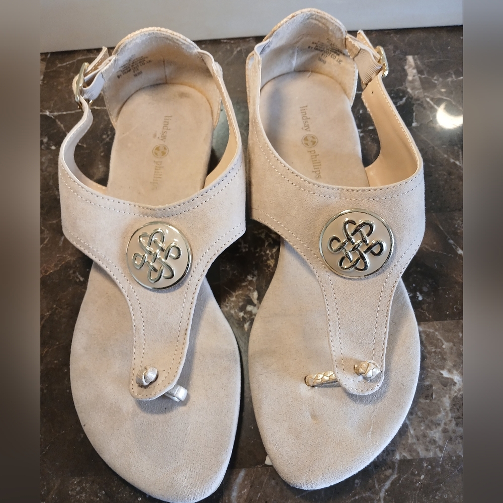 lindsay phillips Tan Suede Thong Sandals with Gold Medallion